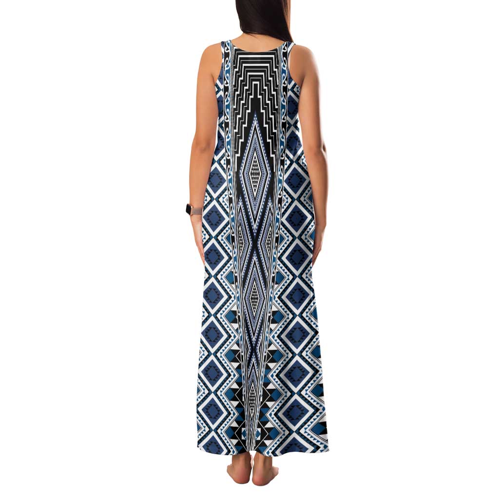 Blue Aotearoa Tukutuku and Poutama Motif Family Matching Tank Maxi Dress and Hawaiian Shirt