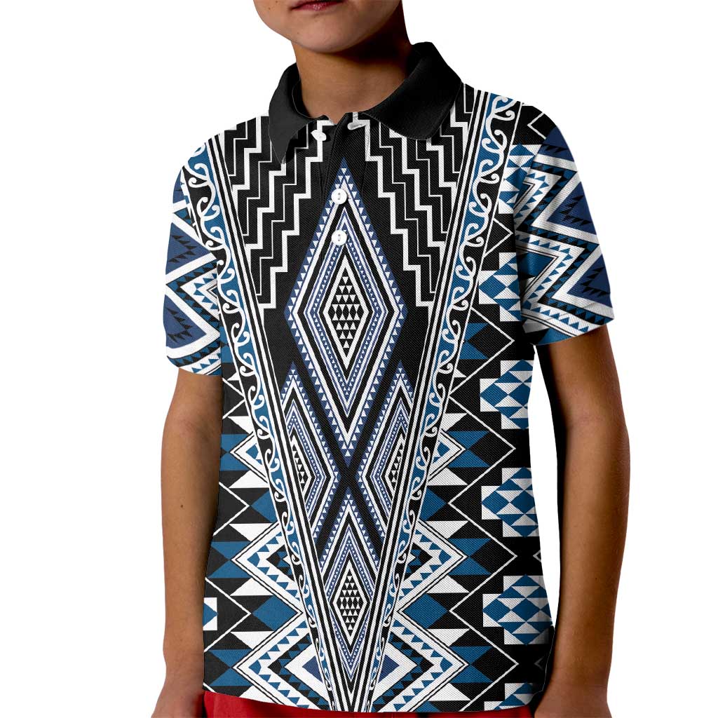 Blue Aotearoa Tukutuku and Poutama Motif Kid Polo Shirt