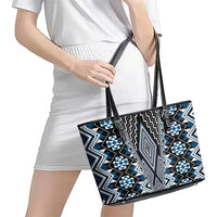 Blue Aotearoa Tukutuku and Poutama Motif Leather Tote Bag