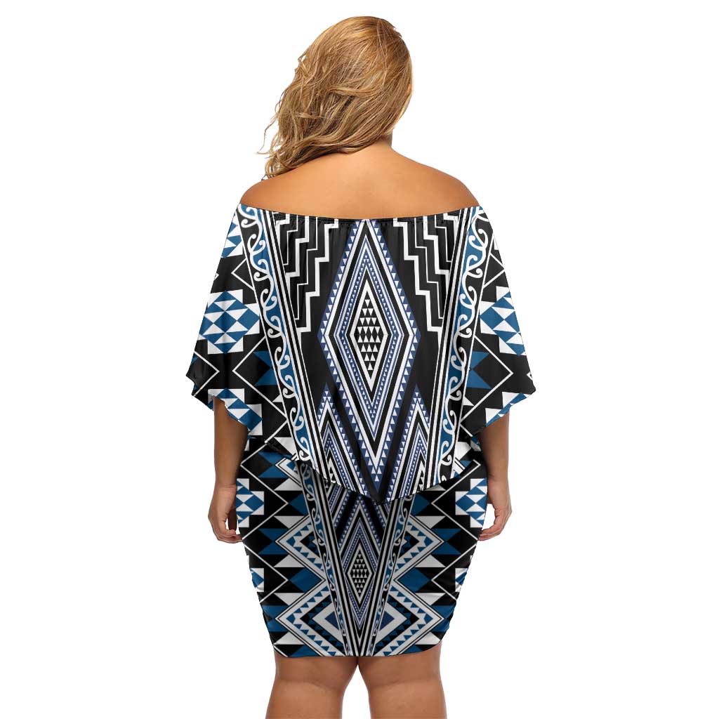 Blue Aotearoa Tukutuku and Poutama Motif Off Shoulder Short Dress