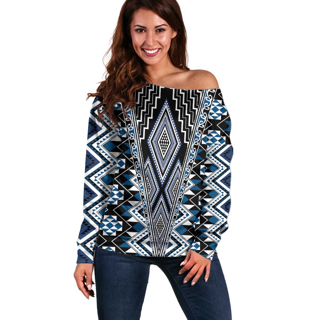 Blue Aotearoa Tukutuku and Poutama Motif Off Shoulder Sweater