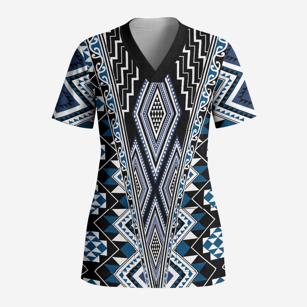Blue Aotearoa Tukutuku and Poutama Motif Scrub Top - Polynesian Pride
