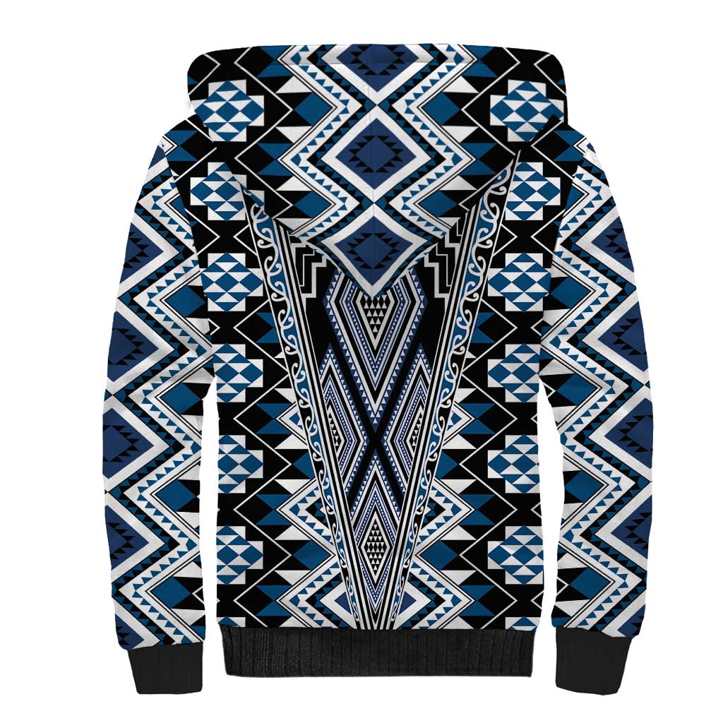 Blue Aotearoa Tukutuku and Poutama Motif Sherpa Hoodie
