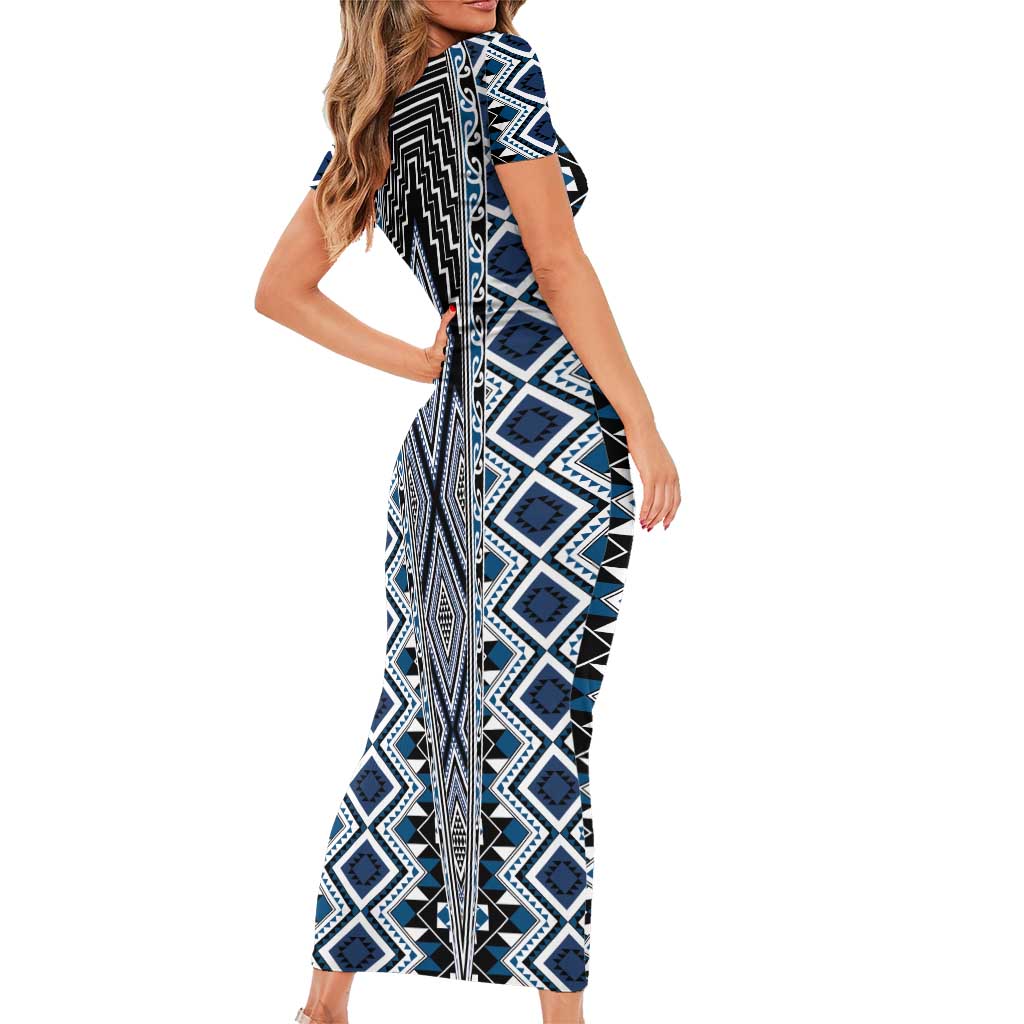 Blue Aotearoa Tukutuku and Poutama Motif Short Sleeve Bodycon Dress