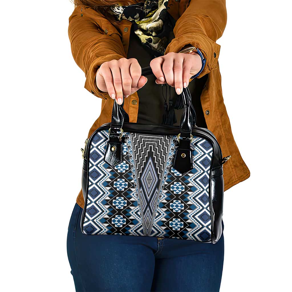 Blue Aotearoa Tukutuku and Poutama Motif Shoulder Handbag