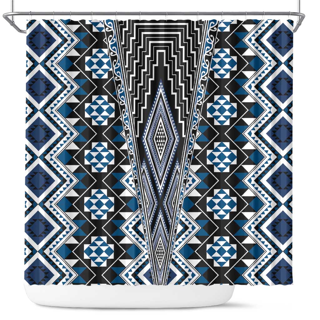 Blue Aotearoa Tukutuku and Poutama Motif Shower Curtain