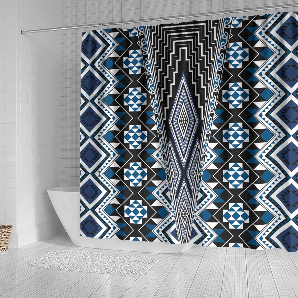 Blue Aotearoa Tukutuku and Poutama Motif Shower Curtain