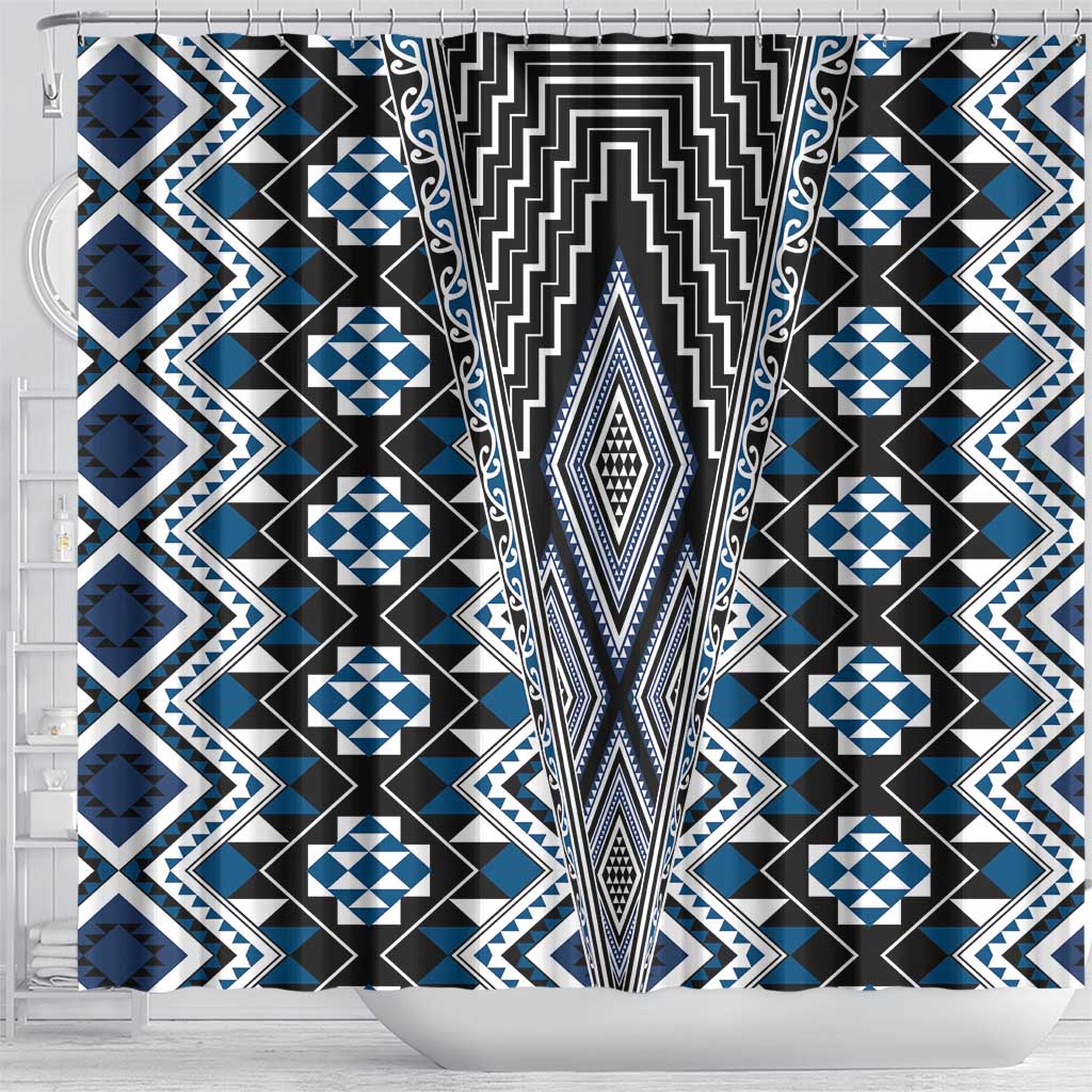 Blue Aotearoa Tukutuku and Poutama Motif Shower Curtain
