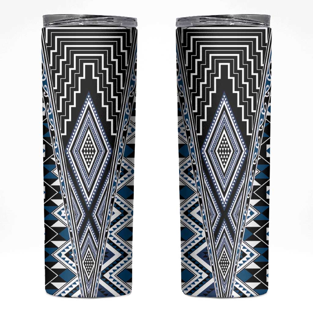 Blue Aotearoa Tukutuku and Poutama Motif Skinny Tumbler