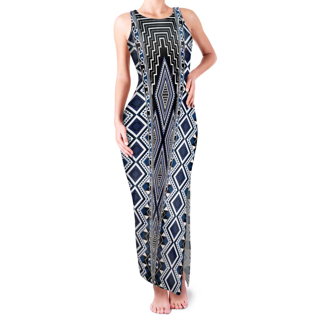 Blue Aotearoa Tukutuku and Poutama Motif Tank Maxi Dress