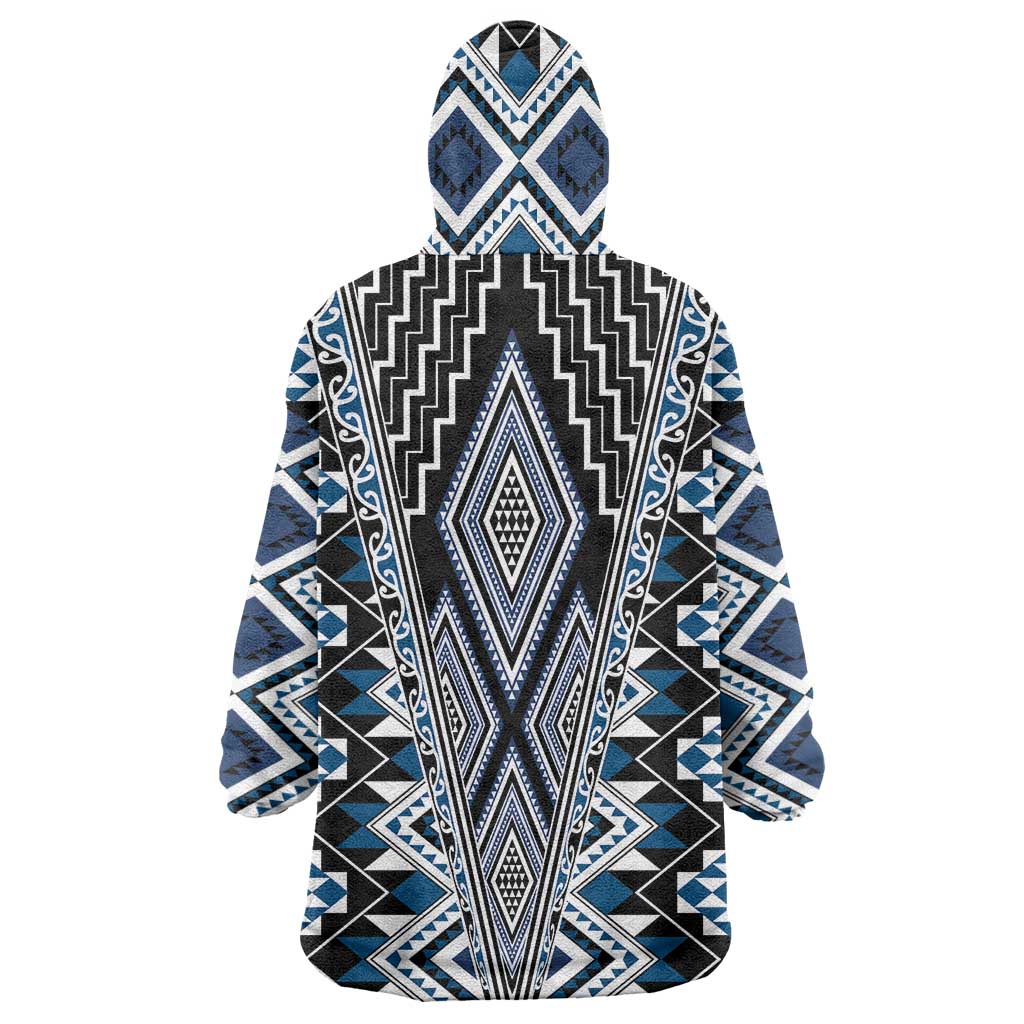 Blue Aotearoa Tukutuku and Poutama Motif Wearable Blanket Hoodie