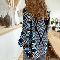 Blue Aotearoa Tukutuku and Poutama Motif Women Casual Shirt
