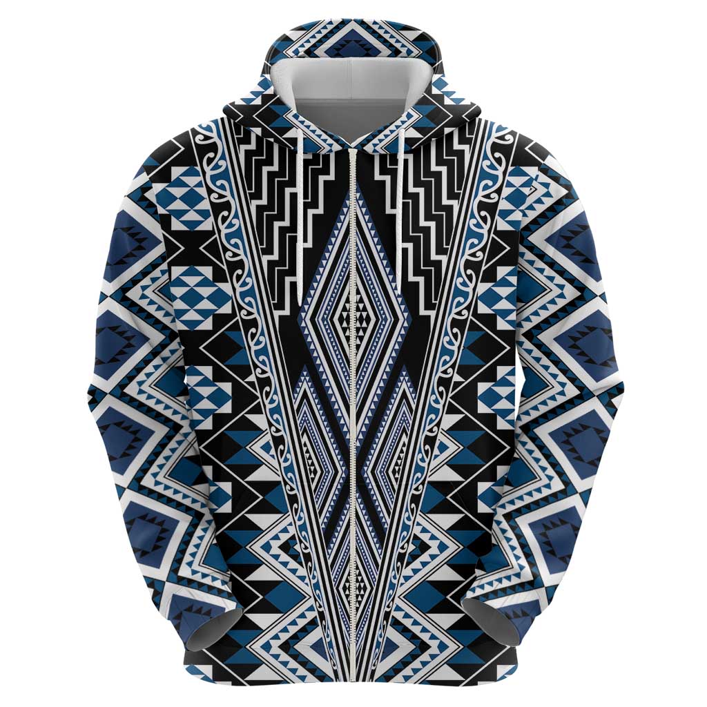 Blue Aotearoa Tukutuku and Poutama Motif Zip Hoodie LT03 - Polynesian Pride