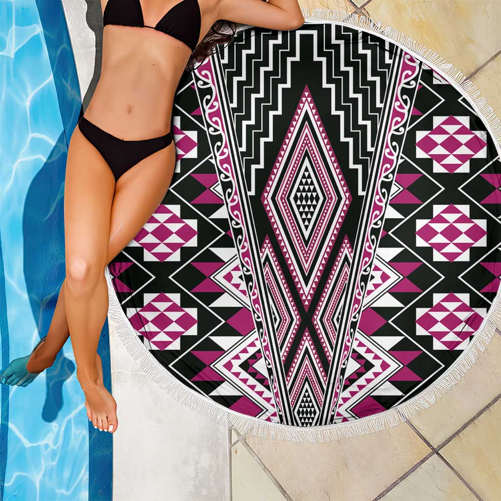 Pink Aotearoa Tukutuku and Poutama Motif Beach Blanket