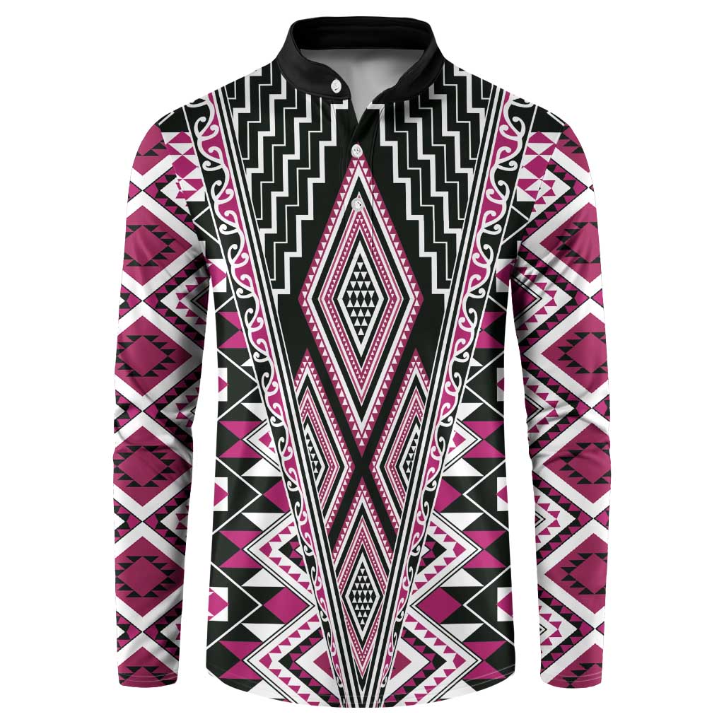 Pink Aotearoa Tukutuku and Poutama Motif Button Sweatshirt