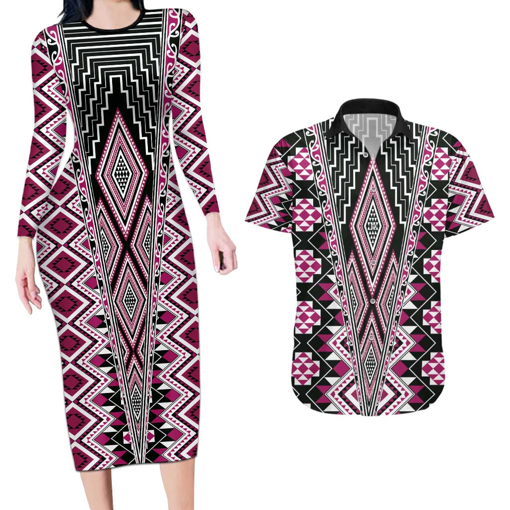 Pink Aotearoa Tukutuku and Poutama Motif Couples Matching Long Sleeve Bodycon Dress and Hawaiian Shirt