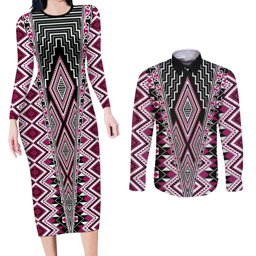 Pink Aotearoa Tukutuku and Poutama Motif Couples Matching Long Sleeve Bodycon Dress and Long Sleeve Button Shirt