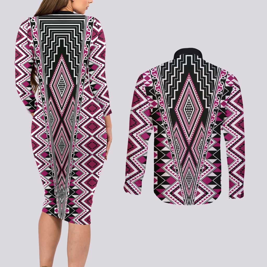 Pink Aotearoa Tukutuku and Poutama Motif Couples Matching Long Sleeve Bodycon Dress and Long Sleeve Button Shirt LT03 - Polynesian Pride