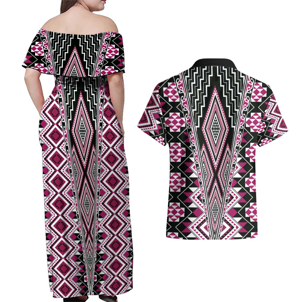 Pink Aotearoa Tukutuku and Poutama Motif Couples Matching Off Shoulder Maxi Dress and Hawaiian Shirt