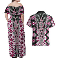 Pink Aotearoa Tukutuku and Poutama Motif Couples Matching Off Shoulder Maxi Dress and Hawaiian Shirt