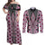 Pink Aotearoa Tukutuku and Poutama Motif Couples Matching Off Shoulder Maxi Dress and Long Sleeve Button Shirt