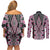 Pink Aotearoa Tukutuku and Poutama Motif Couples Matching Off Shoulder Short Dress and Long Sleeve Button Shirt