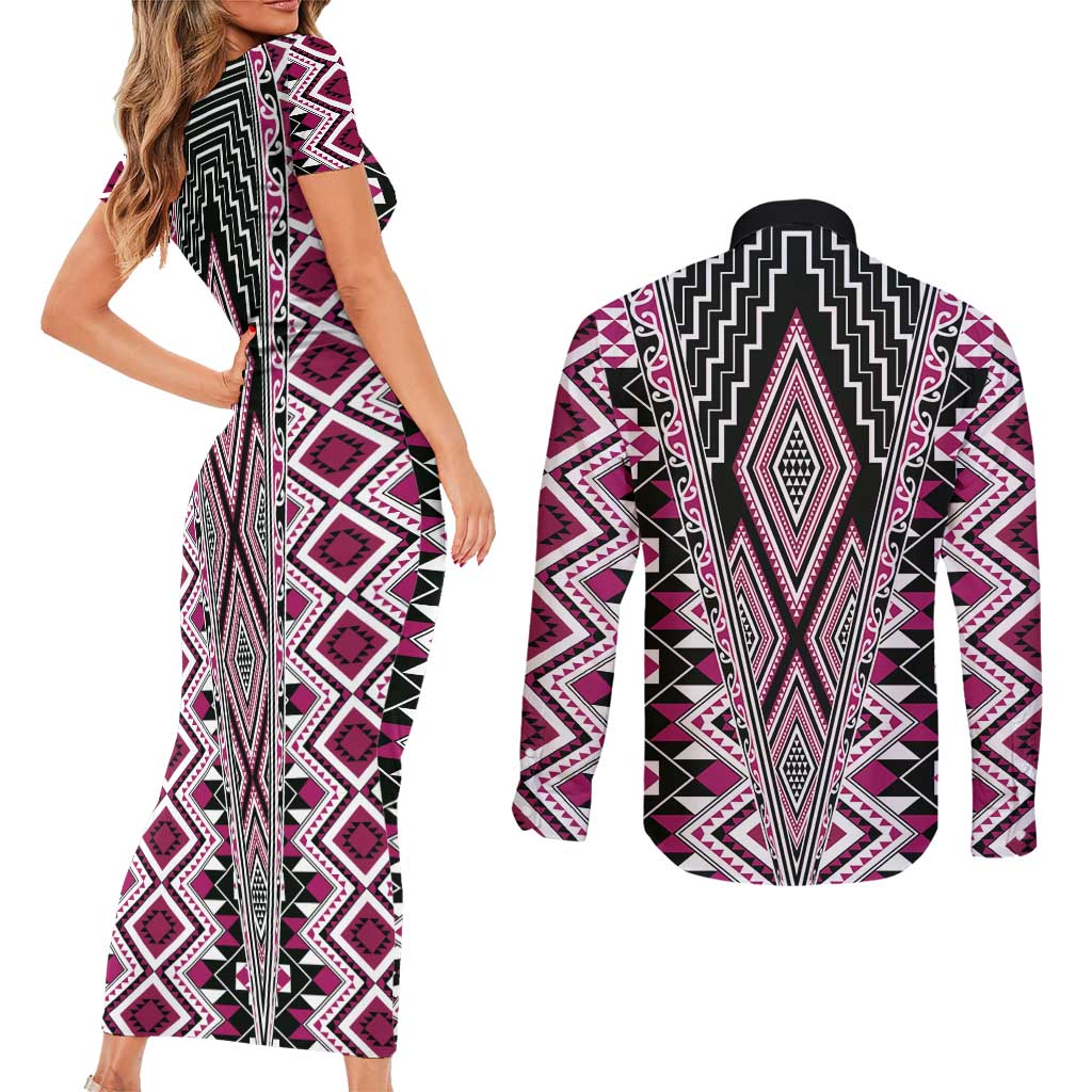 Pink Aotearoa Tukutuku and Poutama Motif Couples Matching Short Sleeve Bodycon Dress and Long Sleeve Button Shirt LT03 - Polynesian Pride