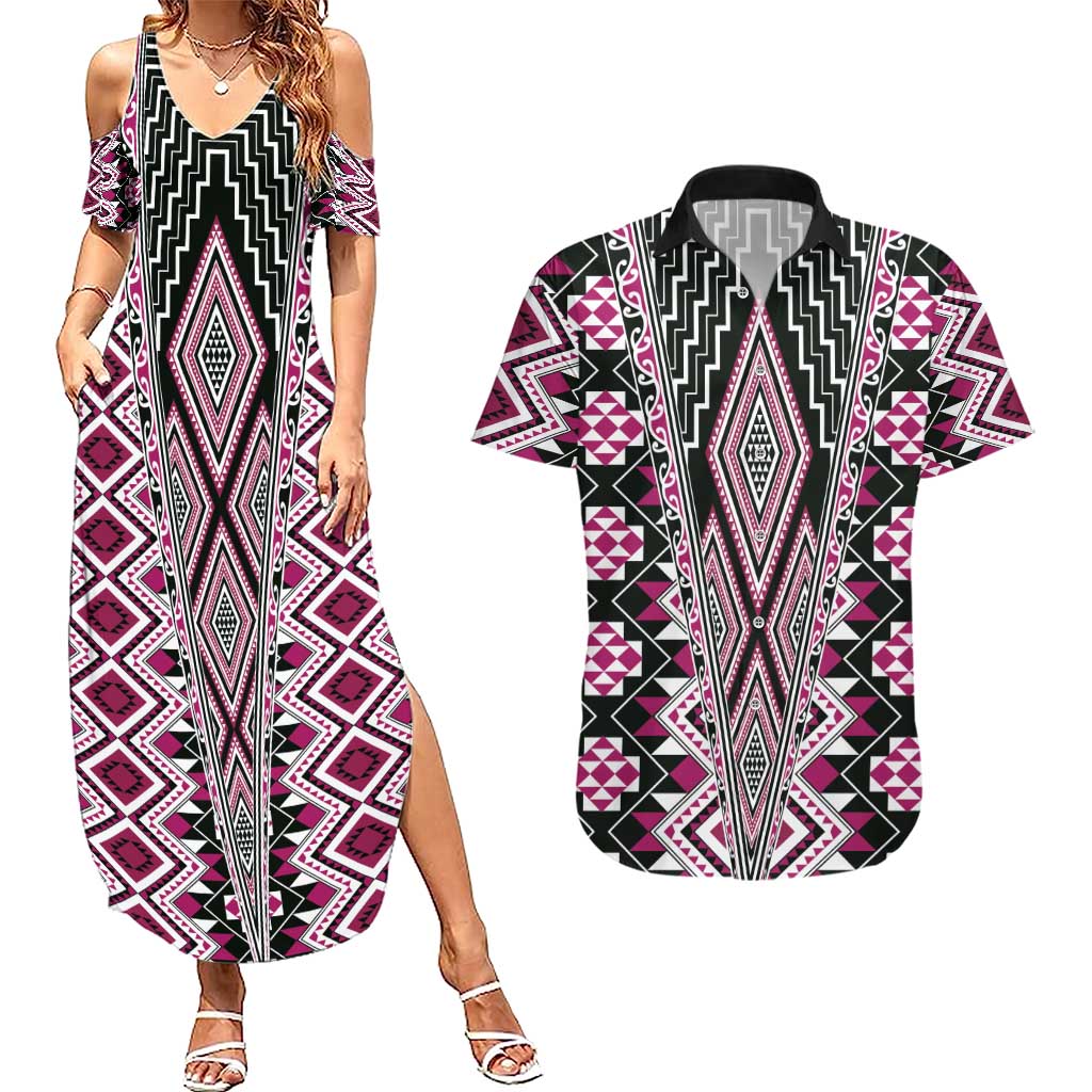 Pink Aotearoa Tukutuku and Poutama Motif Couples Matching Summer Maxi Dress and Hawaiian Shirt