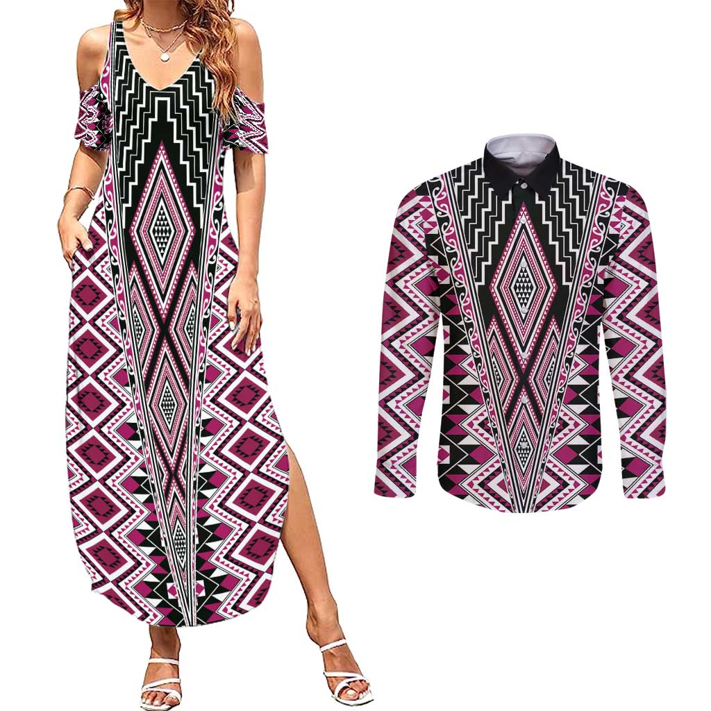 Pink Aotearoa Tukutuku and Poutama Motif Couples Matching Summer Maxi Dress and Long Sleeve Button Shirt