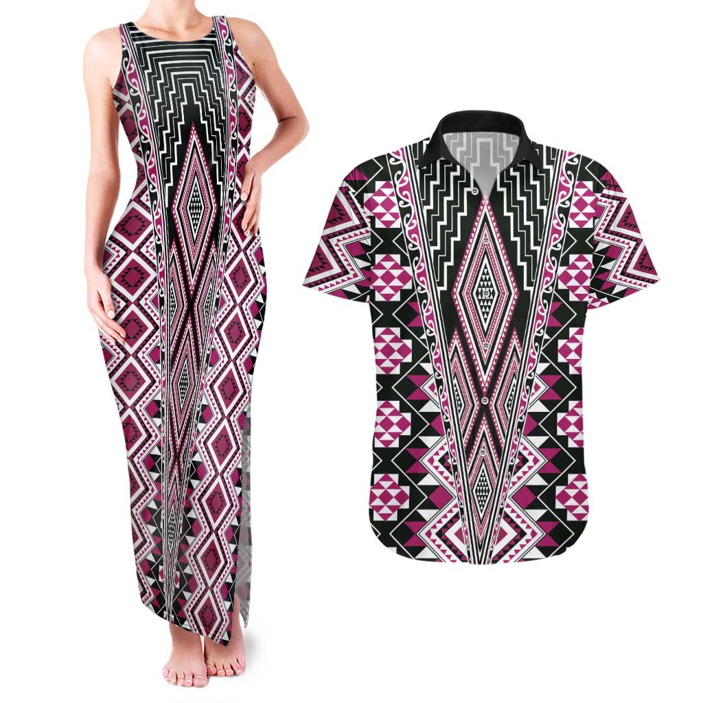 Pink Aotearoa Tukutuku and Poutama Motif Couples Matching Tank Maxi Dress and Hawaiian Shirt