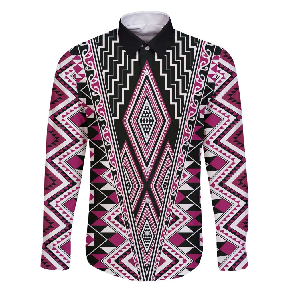 Pink Aotearoa Tukutuku and Poutama Motif Family Matching Long Sleeve Bodycon Dress and Hawaiian Shirt