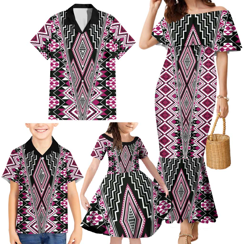 Pink Aotearoa Tukutuku and Poutama Motif Family Matching Mermaid Dress and Hawaiian Shirt