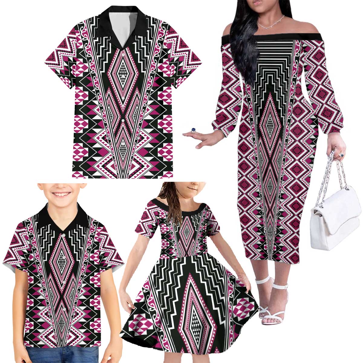 Pink Aotearoa Tukutuku and Poutama Motif Family Matching Off The Shoulder Long Sleeve Dress and Hawaiian Shirt