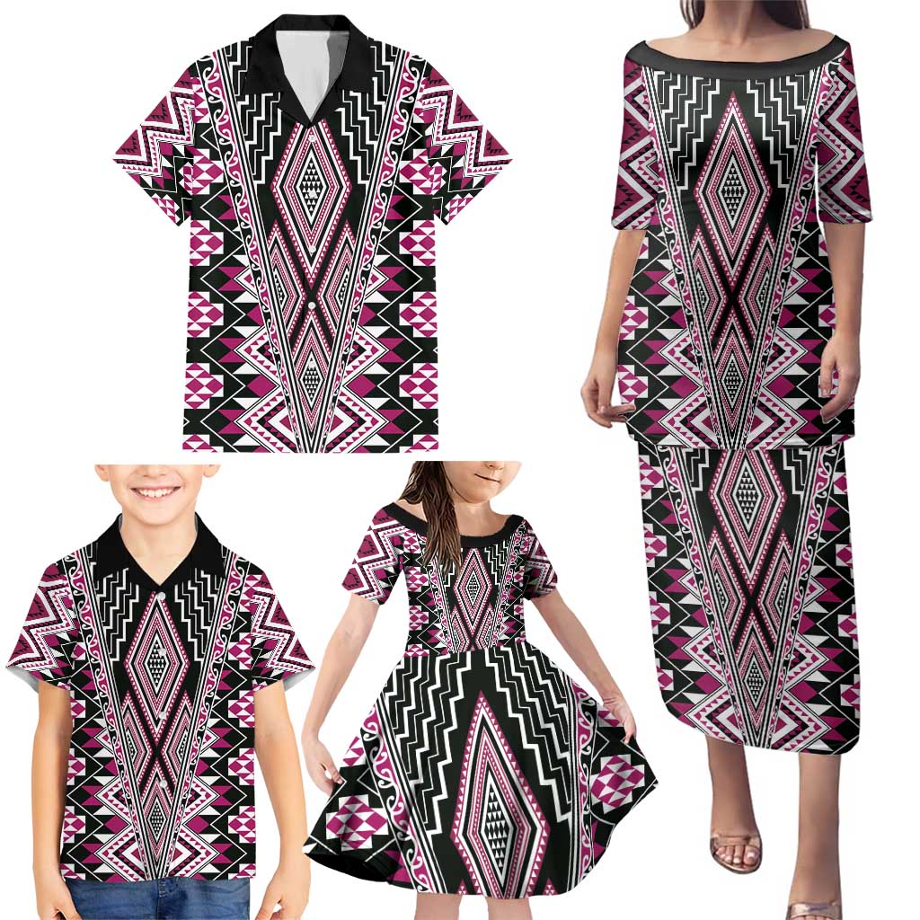 Pink Aotearoa Tukutuku and Poutama Motif Family Matching Puletasi and Hawaiian Shirt