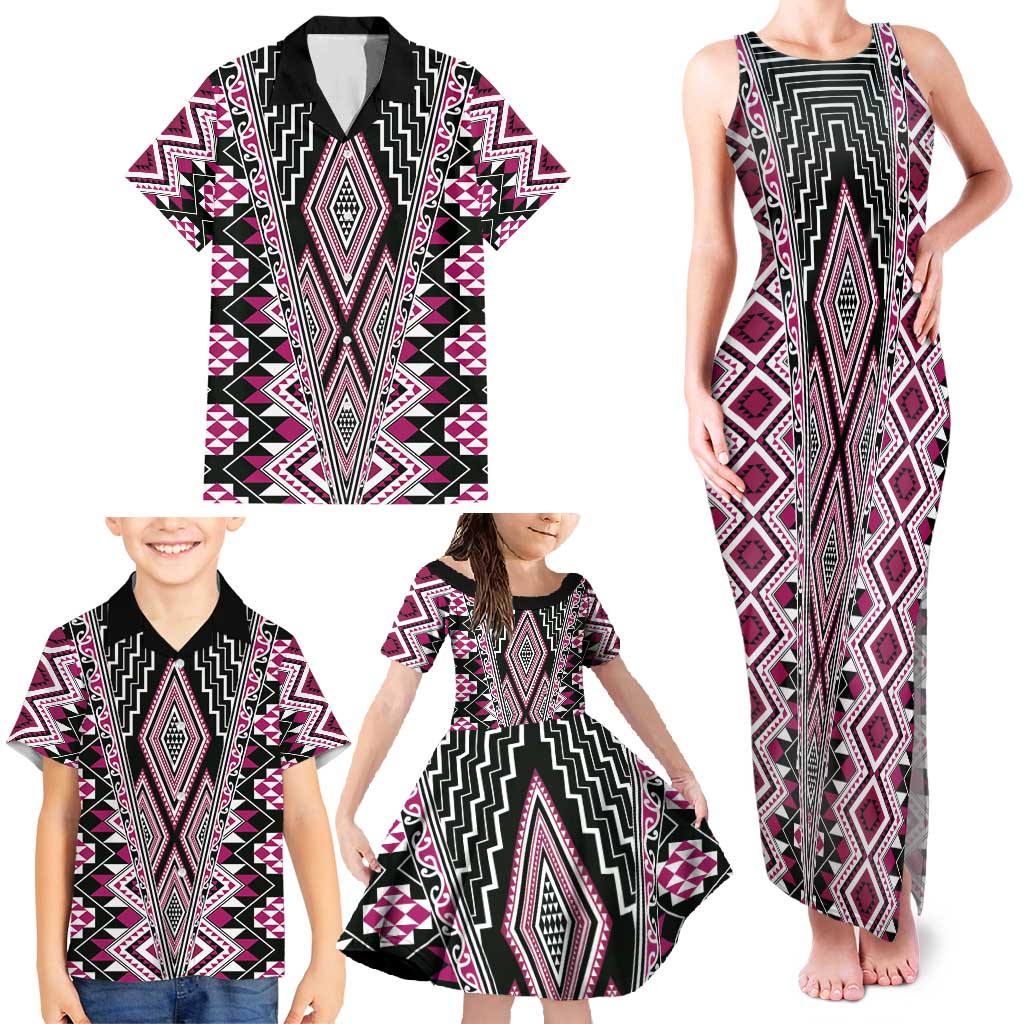 Pink Aotearoa Tukutuku and Poutama Motif Family Matching Tank Maxi Dress and Hawaiian Shirt