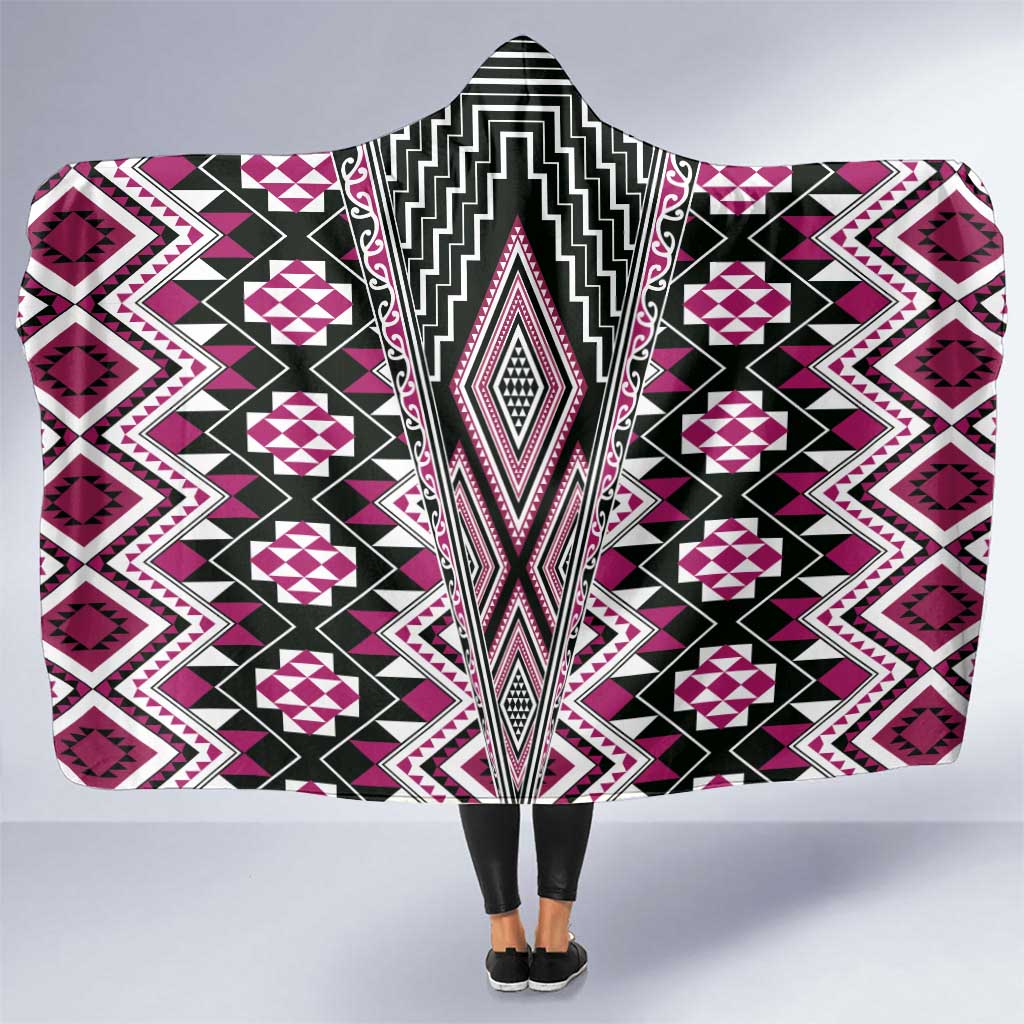 Pink Aotearoa Tukutuku and Poutama Motif Hooded Blanket