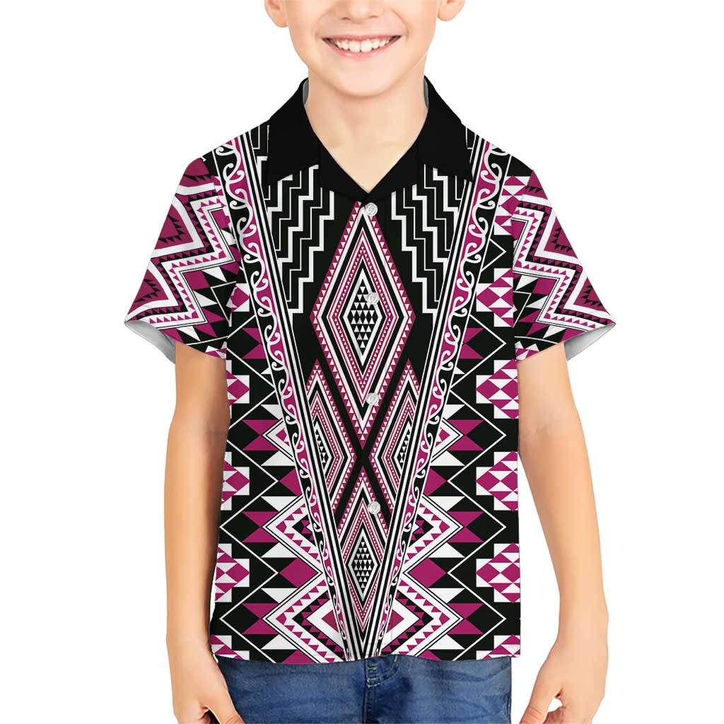 Pink Aotearoa Tukutuku and Poutama Motif Kid Hawaiian Shirt