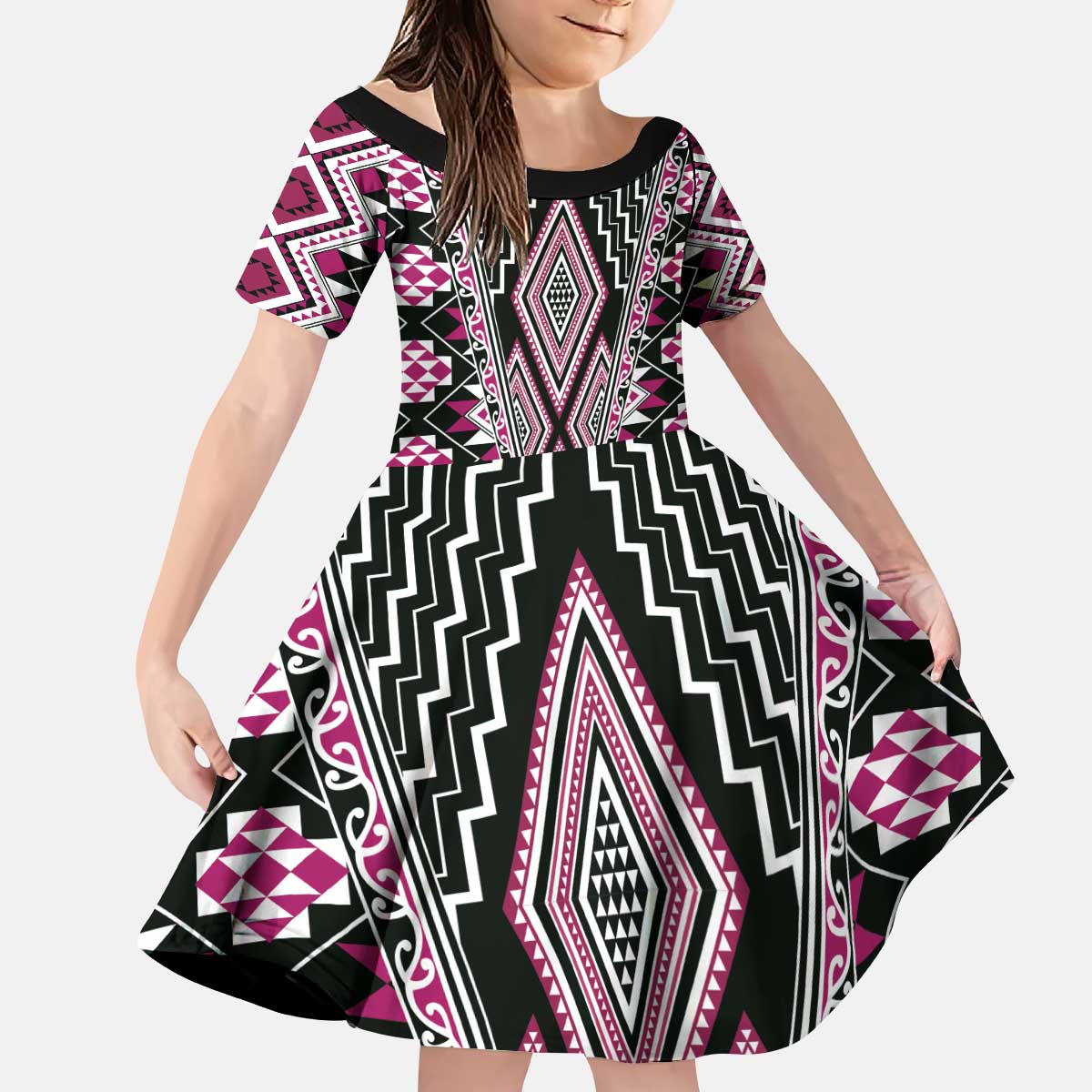 Pink Aotearoa Tukutuku and Poutama Motif Kid Short Sleeve Dress