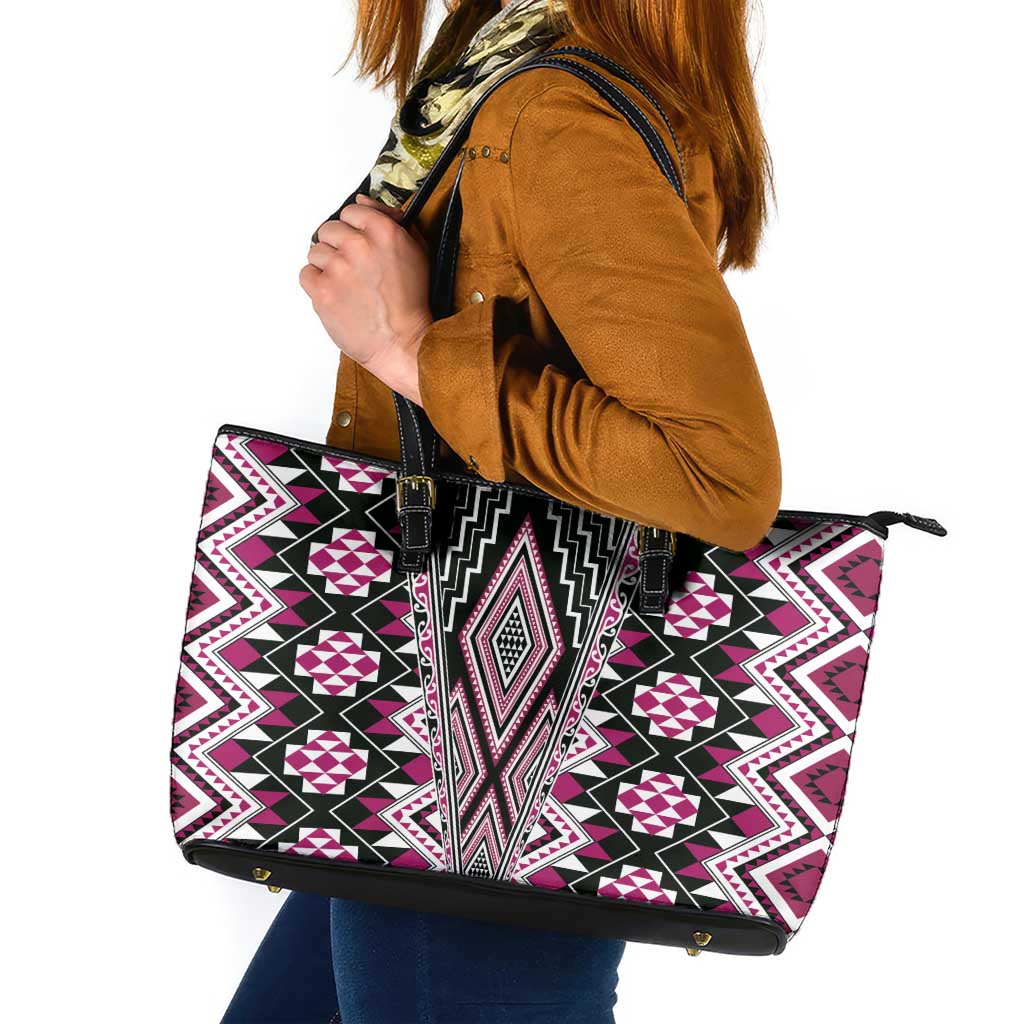 Pink Aotearoa Tukutuku and Poutama Motif Leather Tote Bag