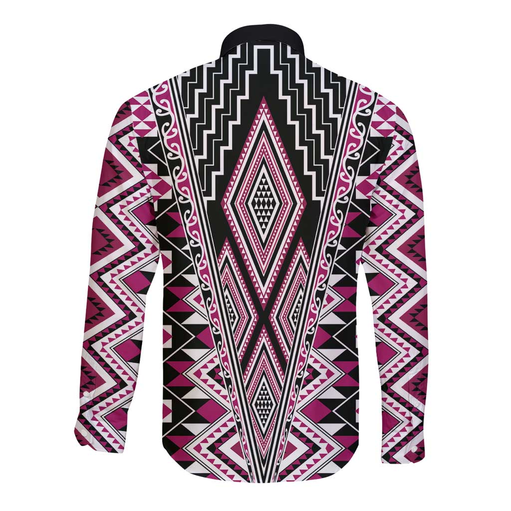 Pink Aotearoa Tukutuku and Poutama Motif Long Sleeve Button Shirt LT03 - Polynesian Pride