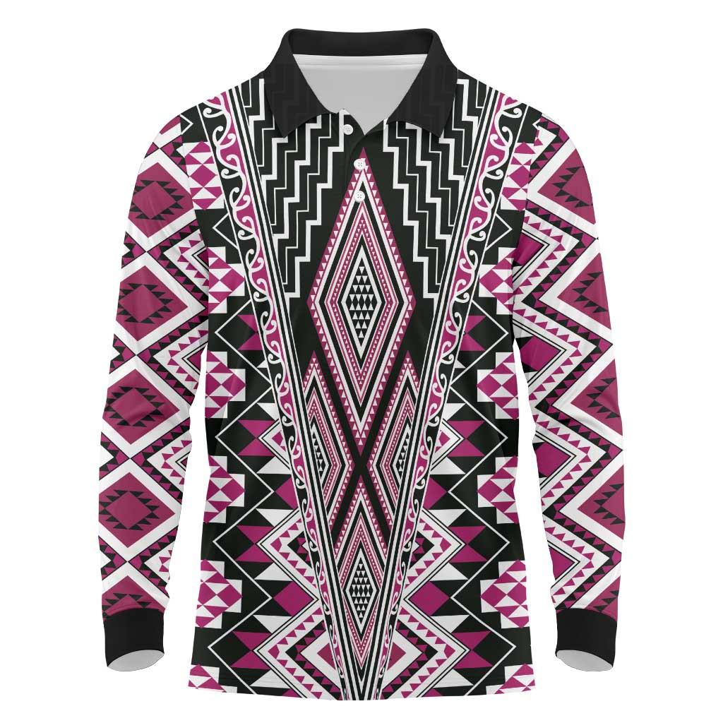 Pink Aotearoa Tukutuku and Poutama Motif Long Sleeve Polo Shirt