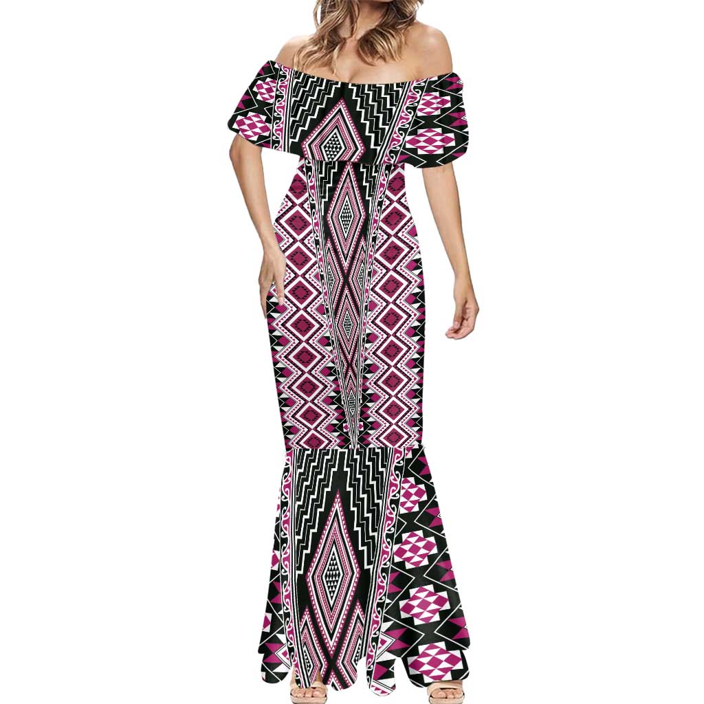 Pink Aotearoa Tukutuku and Poutama Motif Mermaid Dress