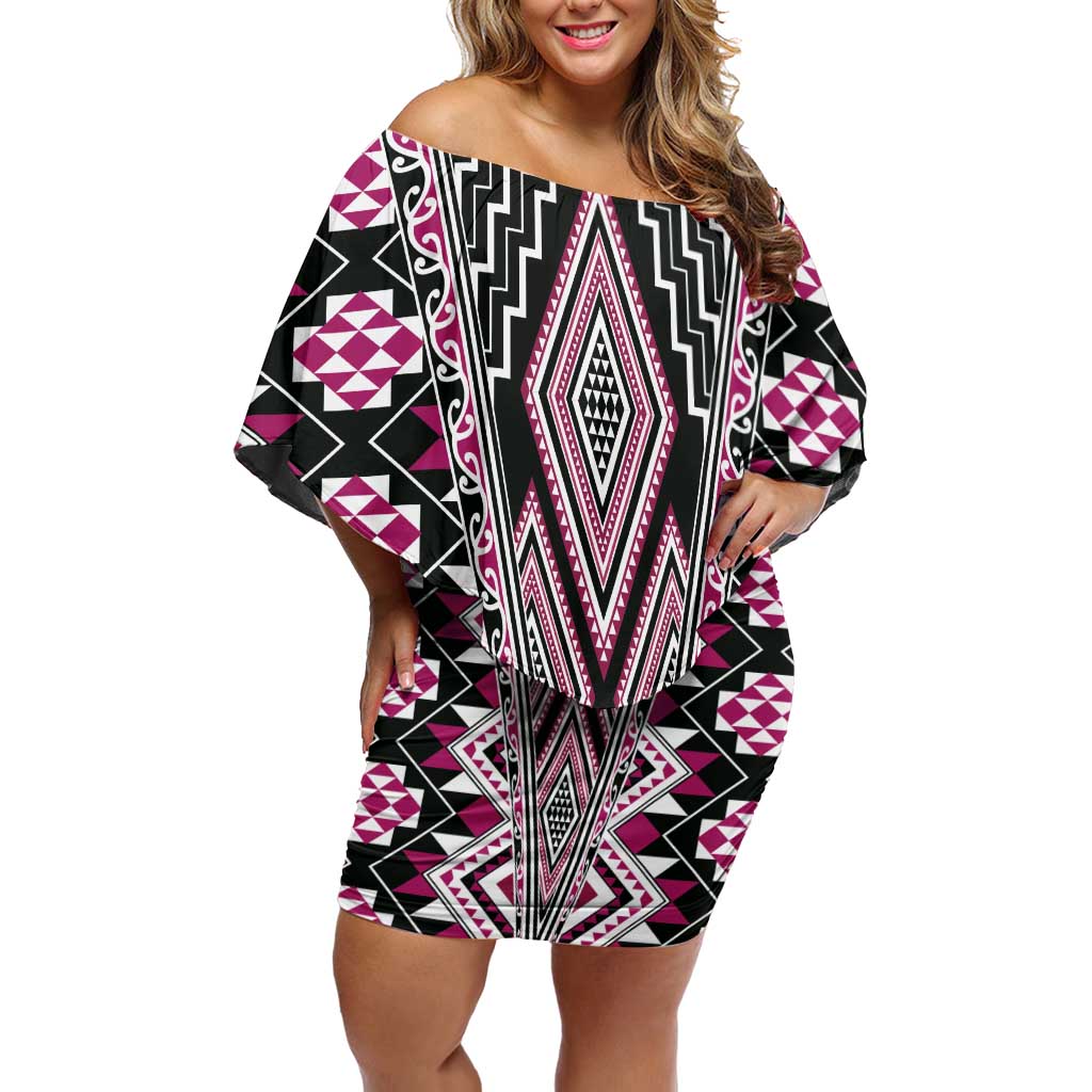 Pink Aotearoa Tukutuku and Poutama Motif Off Shoulder Short Dress