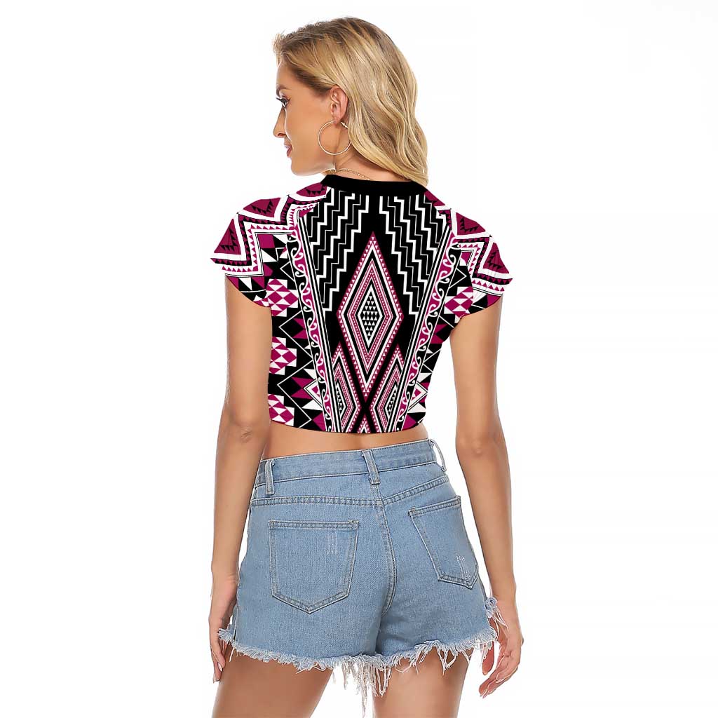 Pink Aotearoa Tukutuku and Poutama Motif Raglan Cropped T Shirt LT03 - Polynesian Pride