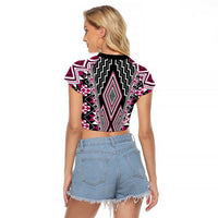 Pink Aotearoa Tukutuku and Poutama Motif Raglan Cropped T Shirt LT03 - Polynesian Pride