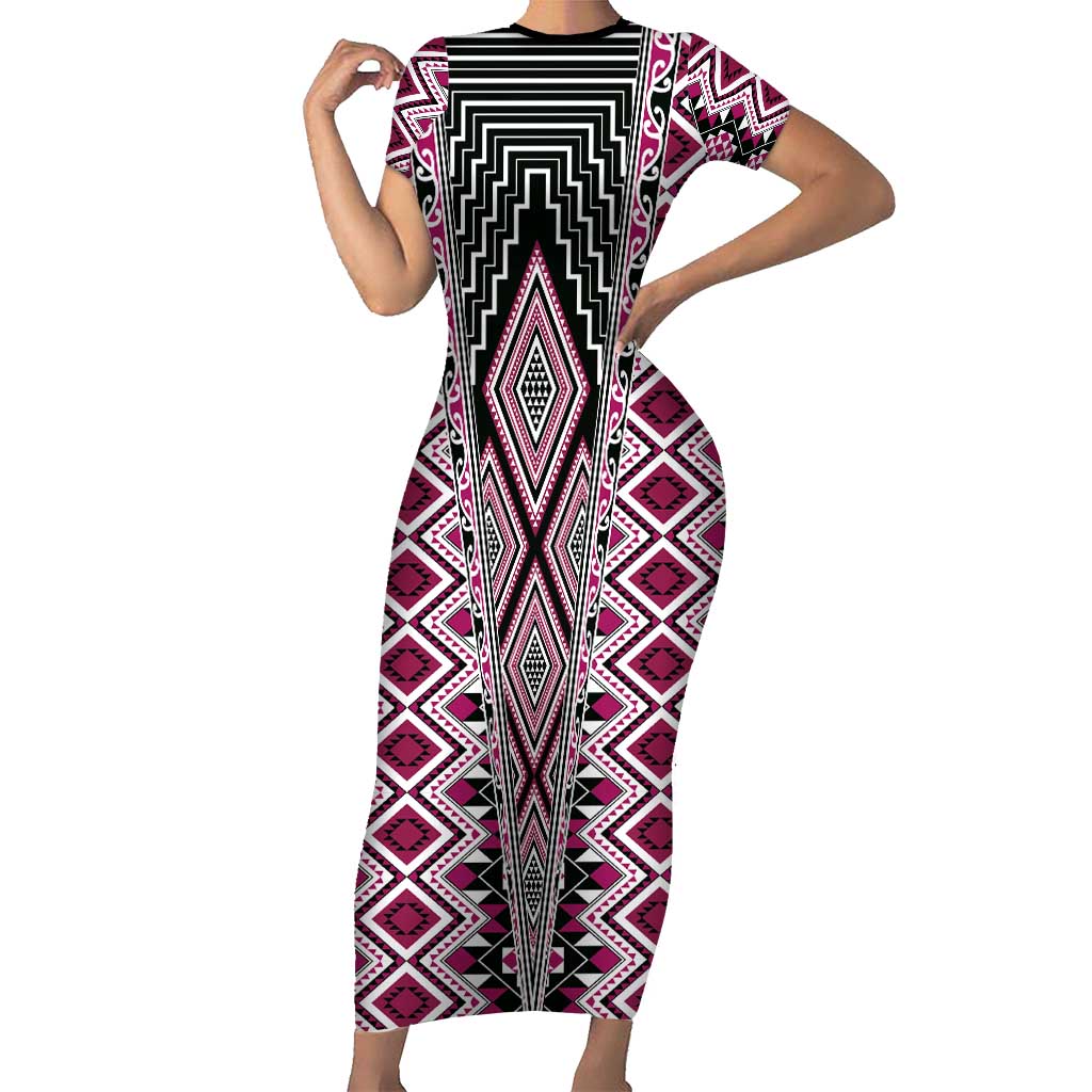 Pink Aotearoa Tukutuku and Poutama Motif Short Sleeve Bodycon Dress