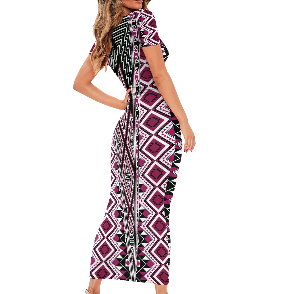 Pink Aotearoa Tukutuku and Poutama Motif Short Sleeve Bodycon Dress
