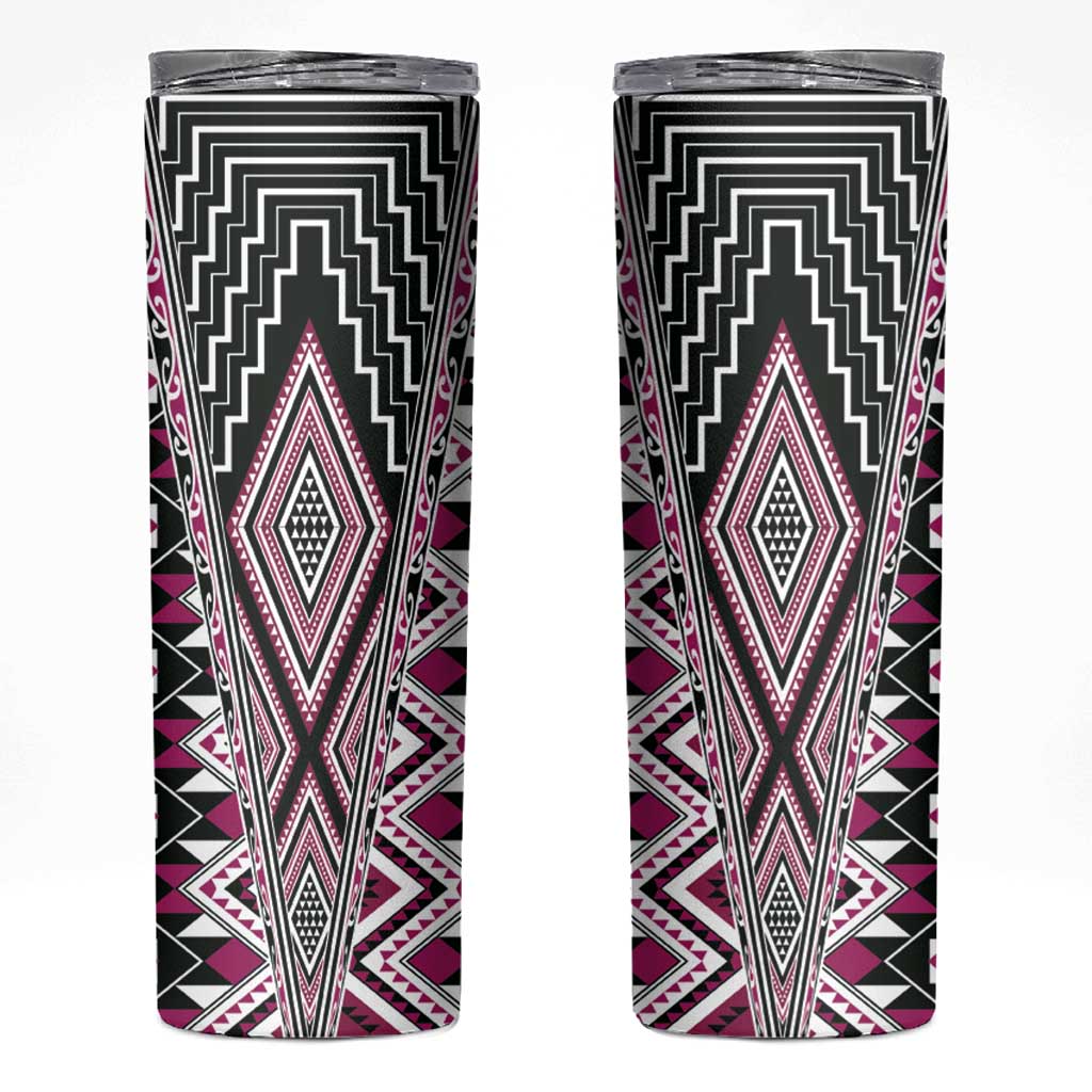 Pink Aotearoa Tukutuku and Poutama Motif Skinny Tumbler