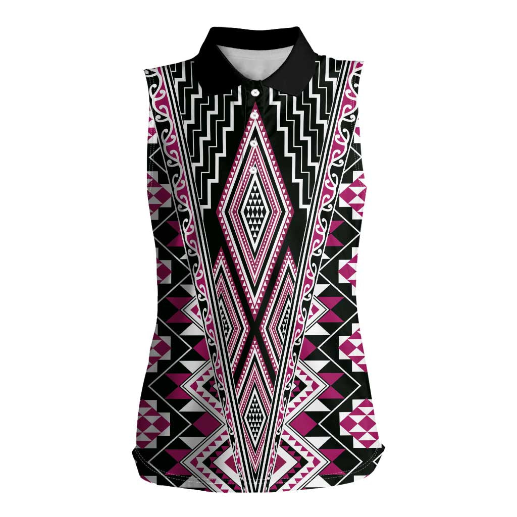 Pink Aotearoa Tukutuku and Poutama Motif Women Sleeveless Polo Shirt