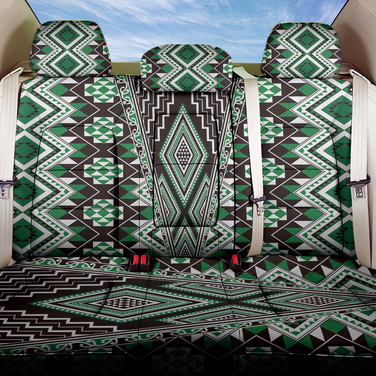 Green Aotearoa Tukutuku and Poutama Motif Back Car Seat Cover